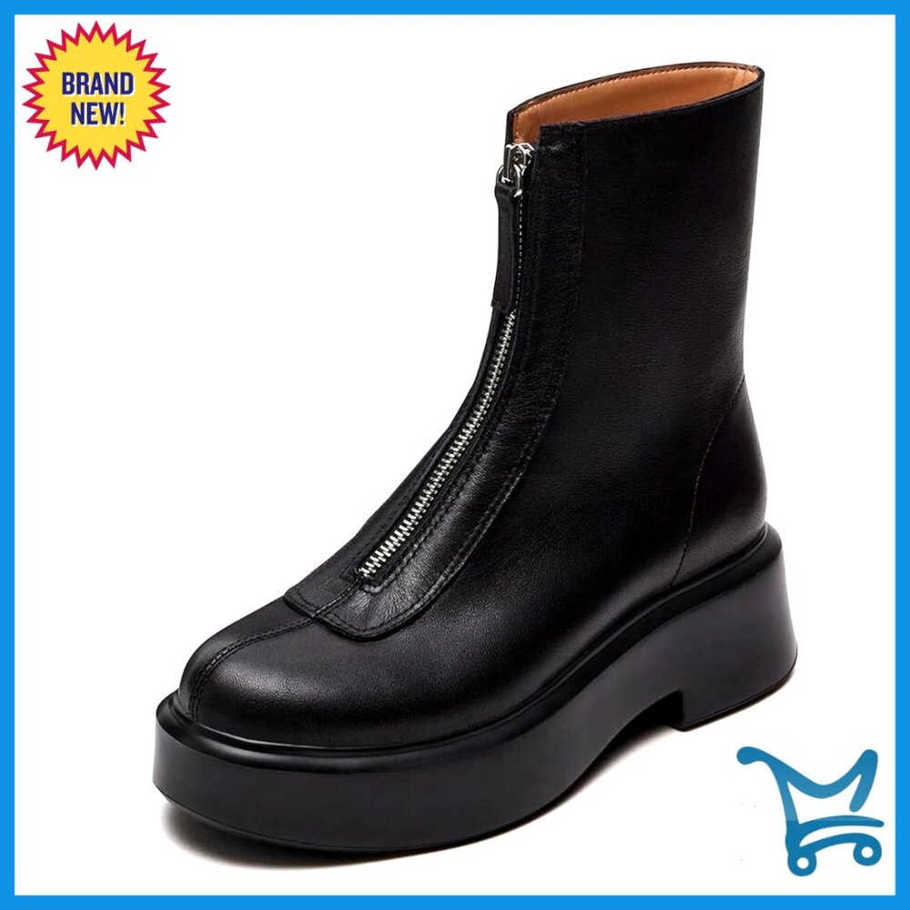 Leather Platform Chelsea Boots Block Heel Zipper Ankle Booties Winter